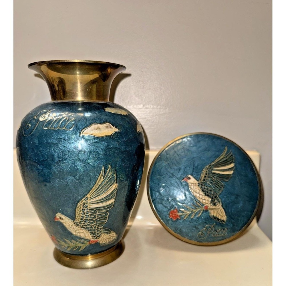 Vintage Brass Enameled Vase and Trinket Jewelry Box Birds w/Roses Peace India